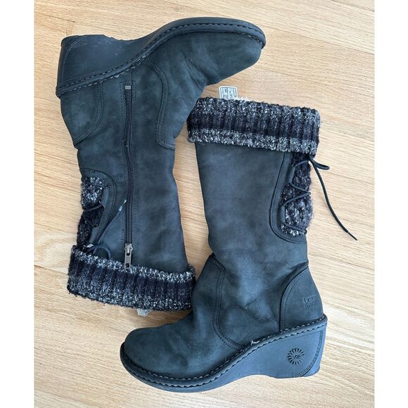 Ugg Skylar Wedge Boots Black Leather Knit Cuff Mid Calf Winter Casual size 8 - Picture 8 of 11